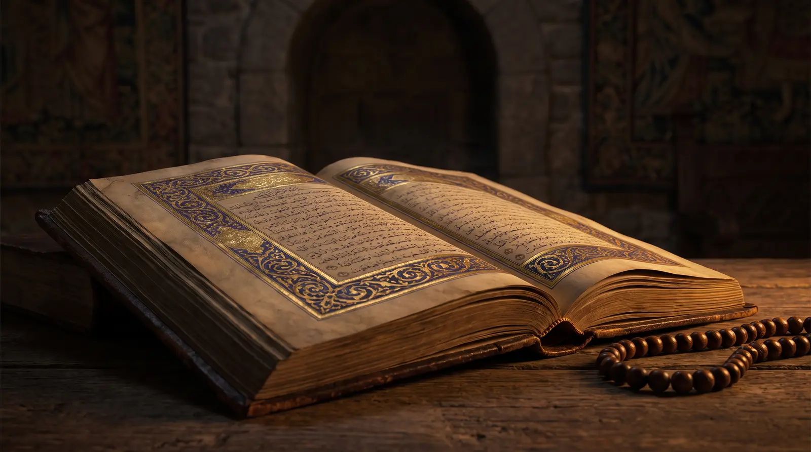 An open illuminated antique Qurʾān with gilded illumination and prayer beads