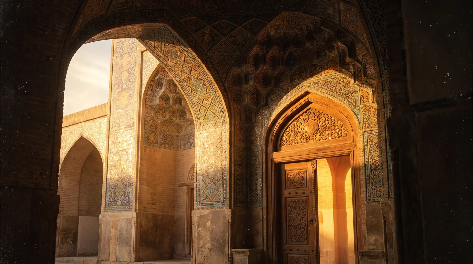 A warm, intricately tiled mosque archway at golden hour