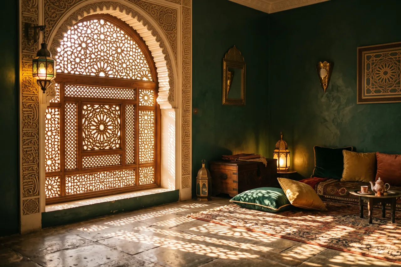 Warm golden light streaming through an ornate carved Islamic arch onto a calm, inviting interior