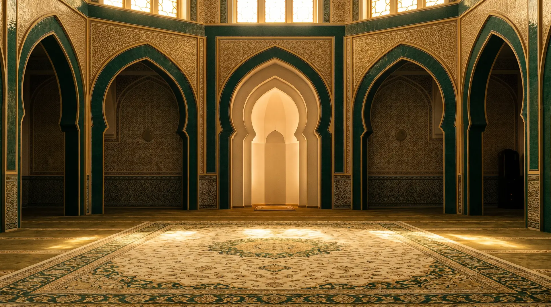 Interior of a mosque with arches and a softly lit mihrab