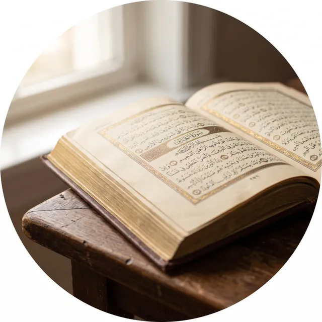 An open muṣḥaf with gilt-edged pages in warm light