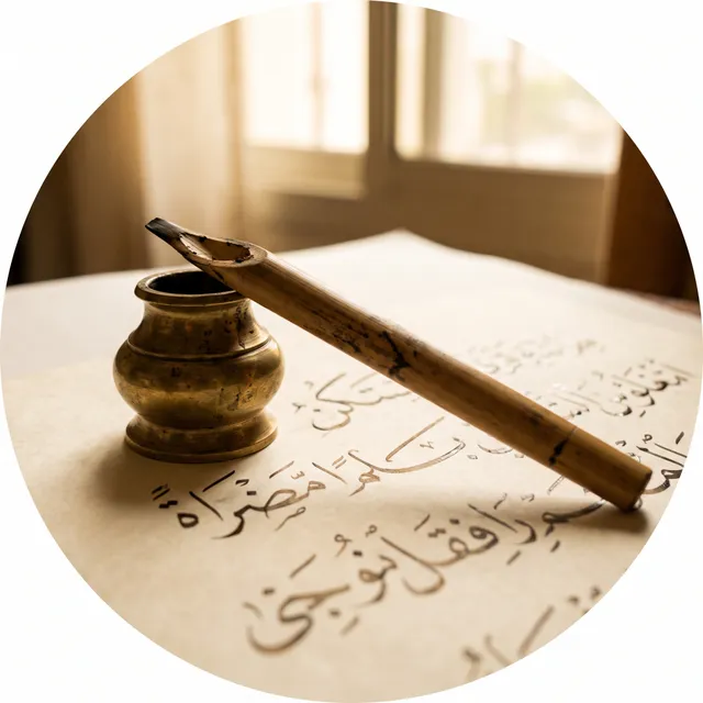 A reed pen (qalam) and brass inkwell on Arabic calligraphy
