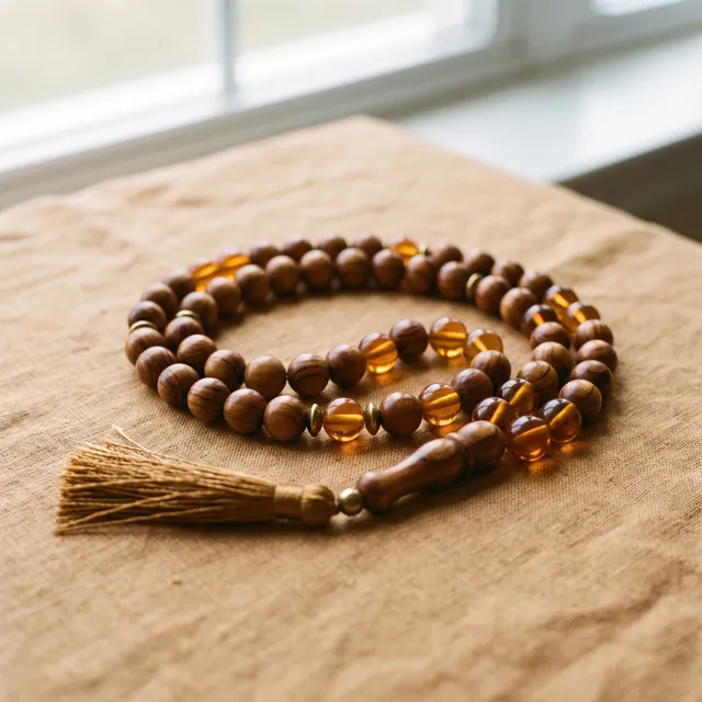 Wooden and amber prayer beads (tasbīḥ) on warm linen