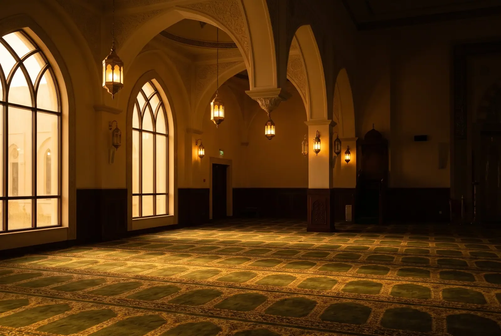 A warm, lantern-lit mosque prayer hall at golden hour