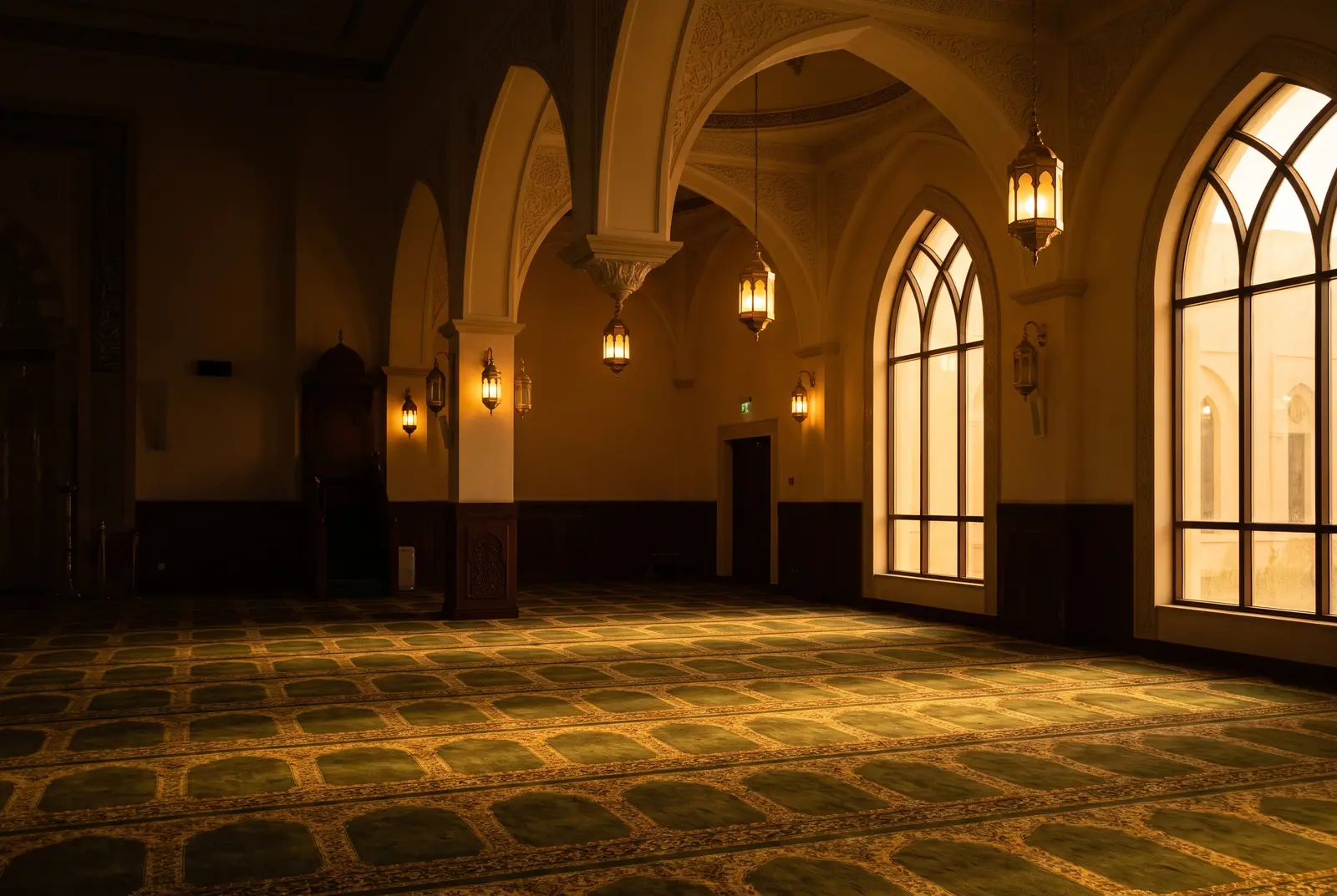 A warm, lantern-lit mosque prayer hall at golden hour