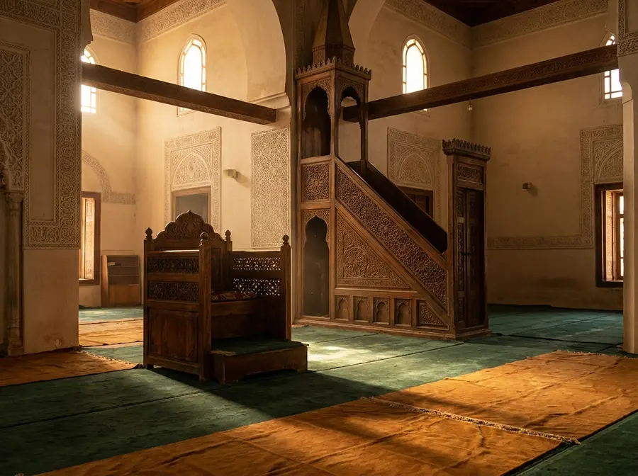 A carved wooden minbar in a warm, quiet mosque interior