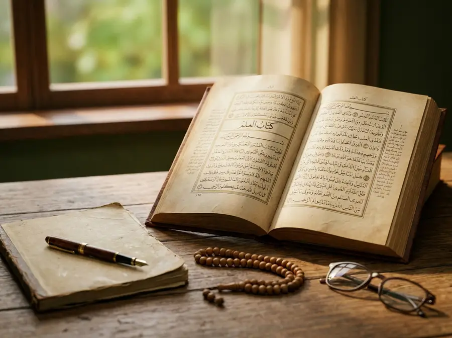 An open Arabic book with a notebook, pen, and prayer beads