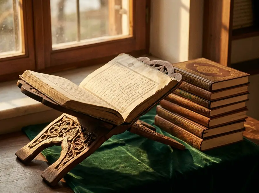 An open mushaf on a carved wooden stand beside a stack of Qurans